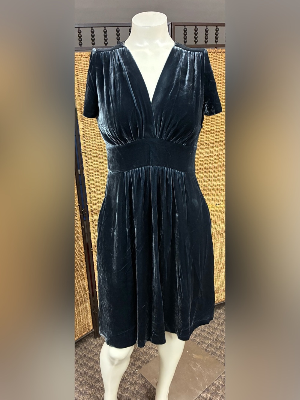 Jigsaw Silk Blend Velvet Empire Waist Dress Blue Gray Medium